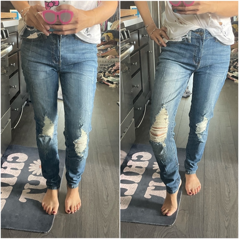 027 Kan Can Medium Wash Mid Rise Distressed Skinny Denim Jeans - Picture 1 of 4
